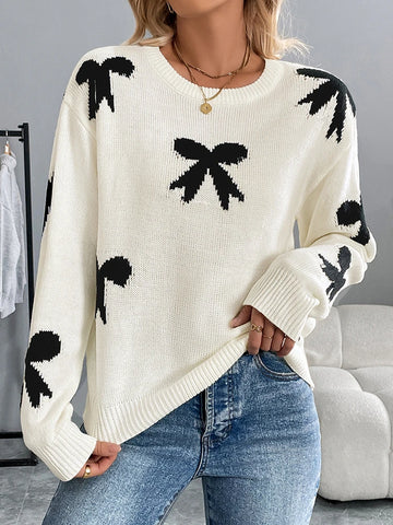 Women's Bow Print Sweaters round neck Lightweight Sweater Pullovers Knit Top