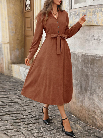 Corduroy V-Neck Dress – Versatile Commuter Office Style