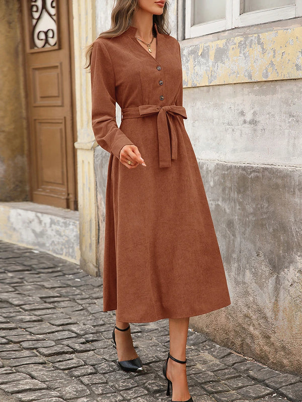 Corduroy V-Neck Dress – Versatile Commuter Office Style