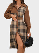 Vintage Plaid Patchwork Dress with Shirt Collar – Casual Office Style