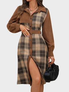 Vintage Plaid Patchwork Dress with Shirt Collar – Casual Office Style