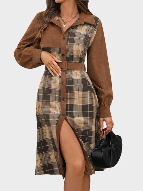 Vintage Plaid Patchwork Dress with Shirt Collar – Casual Office Style