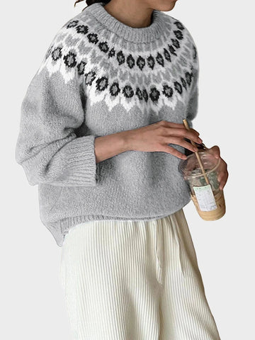 Women's ethnic style long-sleeved round neck Fair Isle sweater