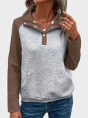 Womens  Sweatshirt Collared Polo Color Block Long Sleeve Pullover Tops with Pocket