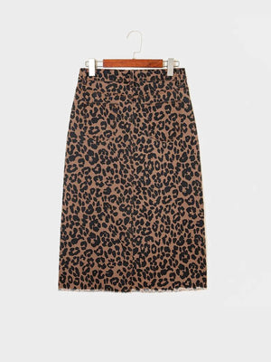 Women's High-Waisted Leopard Print Denim Skirt with Slit
