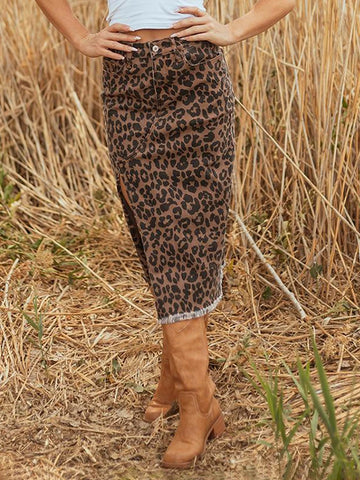 Women's High-Waisted Leopard Print Denim Skirt with Slit