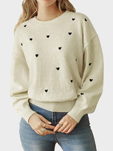 Women's Heart Print Crew Neck Sweater