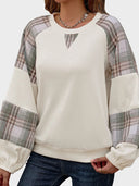 Women's loose-fitting plaid color-blocked crew neck sweatshirt