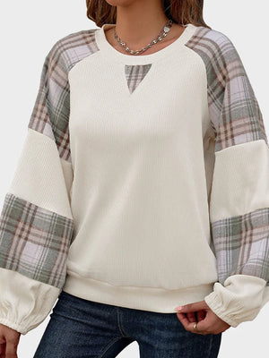 Women's loose-fitting plaid color-blocked crew neck sweatshirt