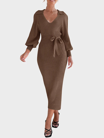 Womens Knit  V Neck Tunic Long Sleeve Fall Sweater Dresses