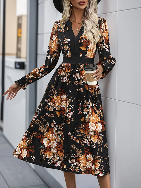 Womens Fall Trendy A-Line V Neck Floral Midi Dress