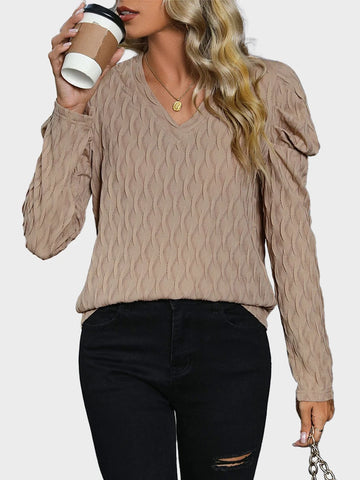 Womens Puff Sleeve Casual V Neck Long Sleeve Shirts
