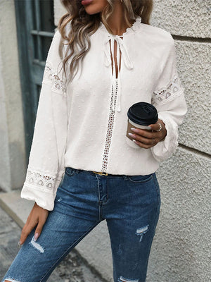 Women's Frill Mock Neck Self Tie Shirred Ruffle Long Sleeve Blouse
