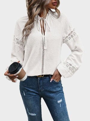 Women's Frill Mock Neck Self Tie Shirred Ruffle Long Sleeve Blouse