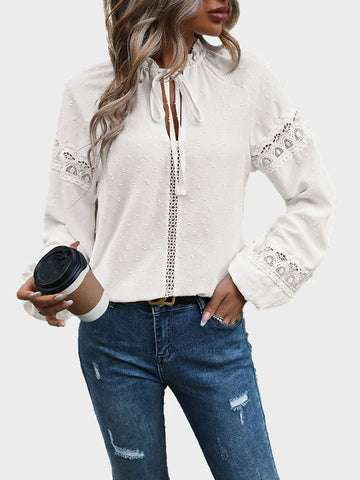 Women's Frill Mock Neck Self Tie Shirred Ruffle Long Sleeve Blouse