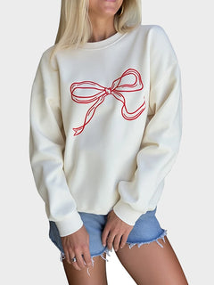 Women Bow Crewneck Long Sleeve Pullover Sweatshirt