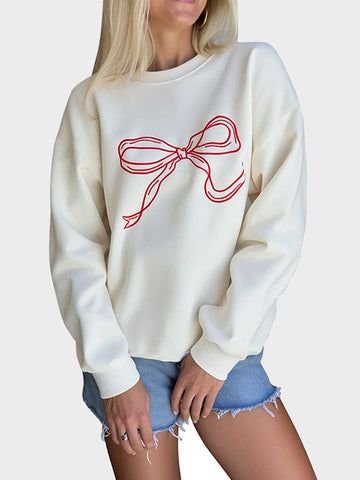 Women Bow Crewneck Long Sleeve Pullover Sweatshirt