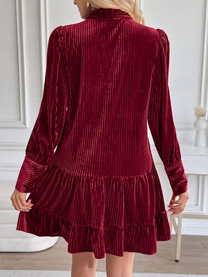 Women's Velvet Bow Tie Neck Long Sleeve Ruffle A-Line Mini Dress
