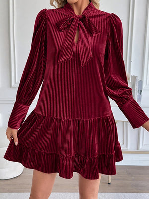 Women's Velvet Bow Tie Neck Long Sleeve Ruffle A-Line Mini Dress