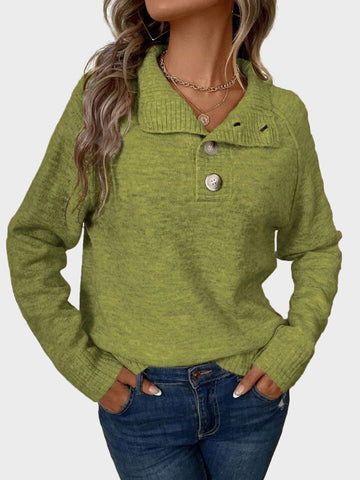 Button-Front Stand Collar Sweater