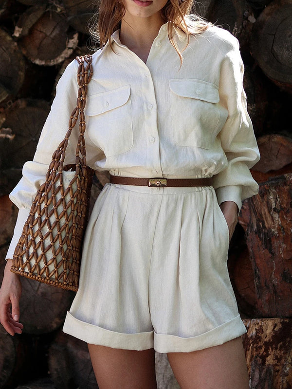 Women's Linen-Blend Long Sleeve Jumpsuit