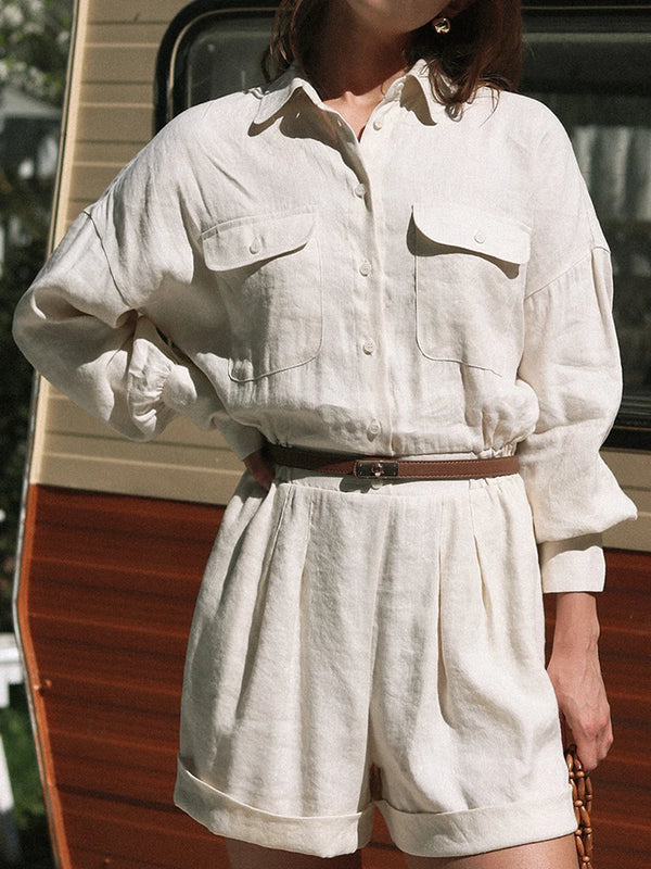 Women's Linen-Blend Long Sleeve Jumpsuit