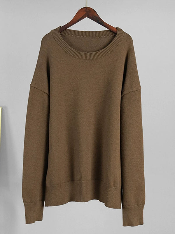 Women‘s Solid Color Round Neck Knit Sweater