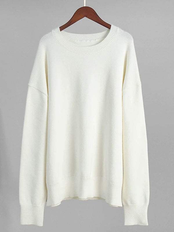 Women‘s Solid Color Round Neck Knit Sweater