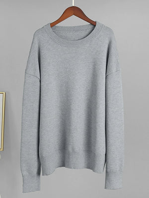 Women‘s Solid Color Round Neck Knit Sweater
