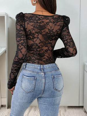 Women's Lace Sheer Long Sleeve Corset Bodysuit Sweetheart Neck Party Club Leotard