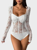 Women's Lace Sheer Long Sleeve Corset Bodysuit Sweetheart Neck Party Club Leotard