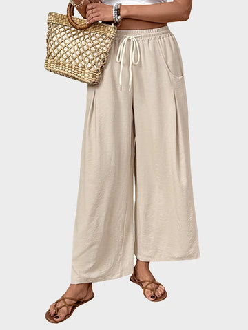 Women Flowy Pants Drawstring Waist Wide Leg with Pockets