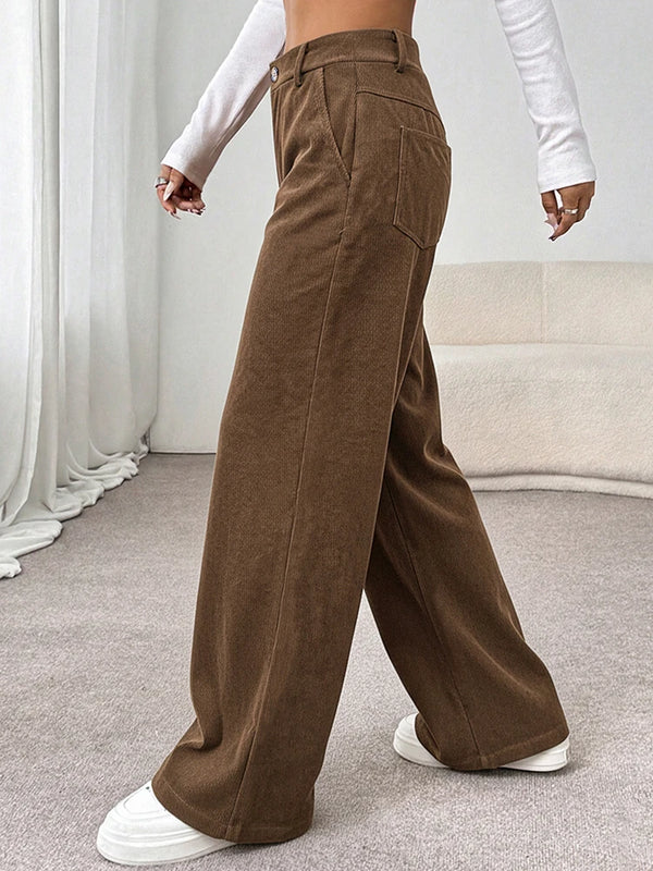 Womens Corduroy Pants Wide Leg High Waist Loose Trousers with Pockets
