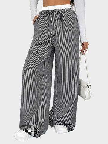 Women's Striped High Waist Wide Leg Pants Loose Color Block Straight Leg Suit Trousers