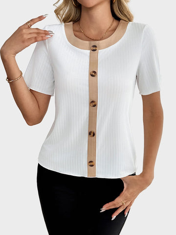 Women's Contrast Trim Ribbed Knit Tops