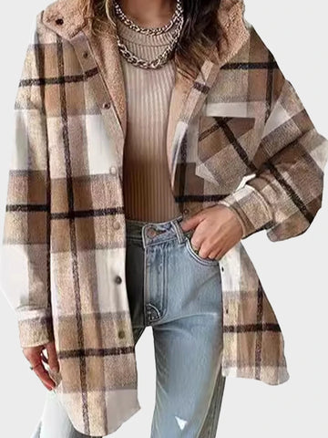 Fall and Winter Women'S Flannel Plaid Shacket Long Sleeve Winter Button Down Color Block Hooded Coat Tops