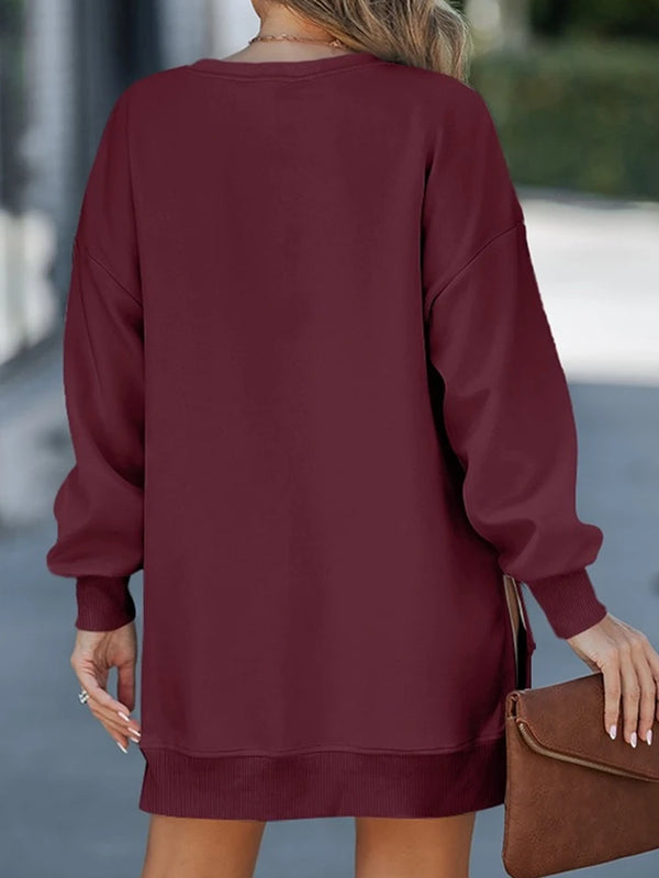 Long Sleeve Drop Shoulder Pullover Casual Zipper Side Slit Top