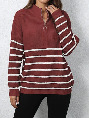 Women's Quarter Zip Striped Oversized Sweater 2025 Mock Turtleneck Fall Fashion Outfit