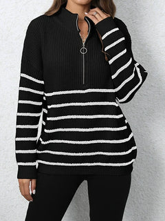 Women's Quarter Zip Striped Oversized Sweater 2025 Mock Turtleneck Fall Fashion Outfit