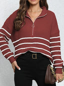 Women's Quarter Zip Striped Oversized Sweater 2025 Mock Turtleneck Fall Fashion Outfit
