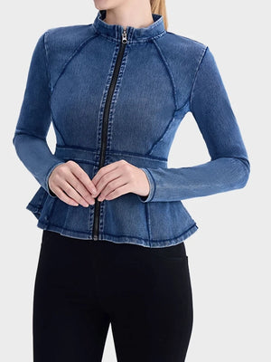 Slim Fit High-Neck Denim Zip-Up Yoga Jacket with Double Pockets