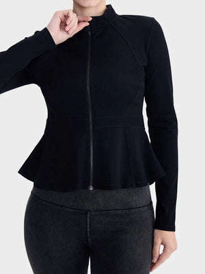 Slim Fit High-Neck Denim Zip-Up Yoga Jacket with Double Pockets