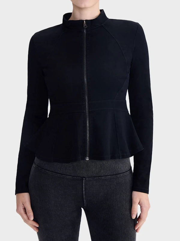 Slim Fit High-Neck Denim Zip-Up Yoga Jacket with Double Pockets