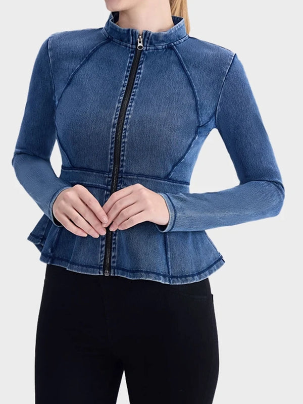 Slim Fit High-Neck Denim Zip-Up Yoga Jacket with Double Pockets