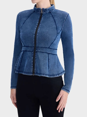 Slim Fit High-Neck Denim Zip-Up Yoga Jacket with Double Pockets