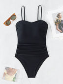 Women Swimsuit One Piece Bathing Suit Square Neck Cutout Back Tummy Control with Adjustable Spaghetti Straps