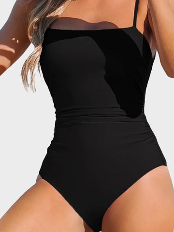 Women Swimsuit One Piece Bathing Suit Square Neck Cutout Back Tummy Control with Adjustable Spaghetti Straps