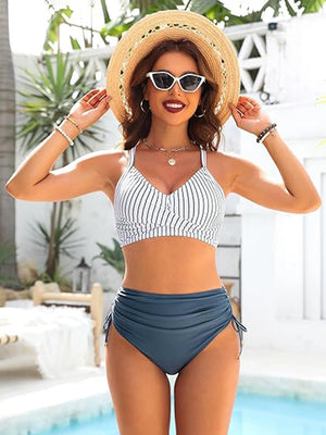 Womens High Waisted Bikini Sets Drawstring Tummy Control Swimsuits Crisscross Tie Back Bathing Suit