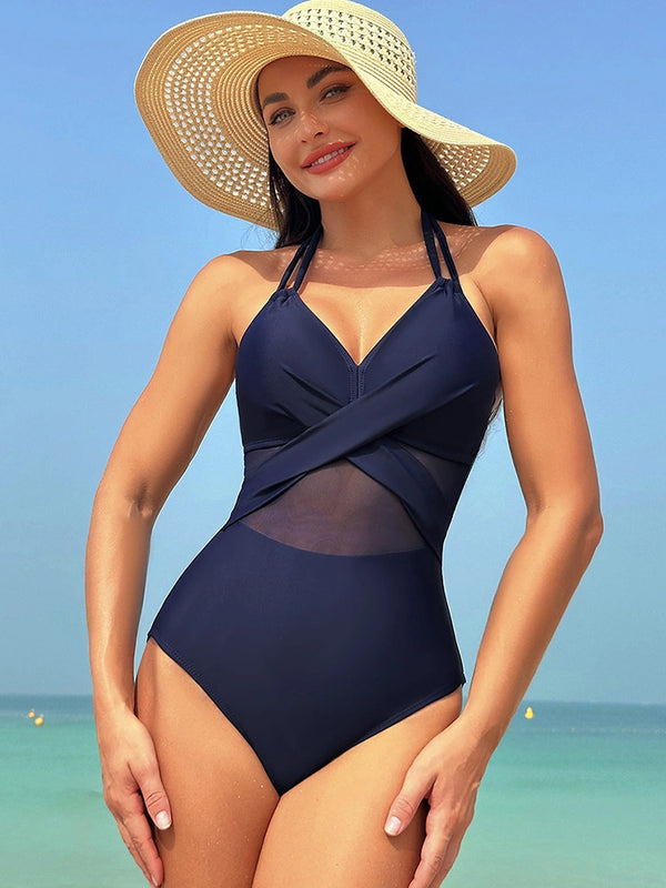 Beach Bathing Suits Black Halter Mesh Insert Cross Front One-Piece Swimsuit