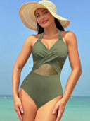 Beach Bathing Suits Black Halter Mesh Insert Cross Front One-Piece Swimsuit